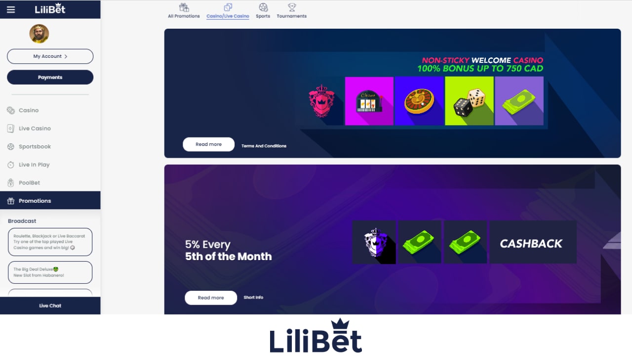 LiliBet casino bonuses